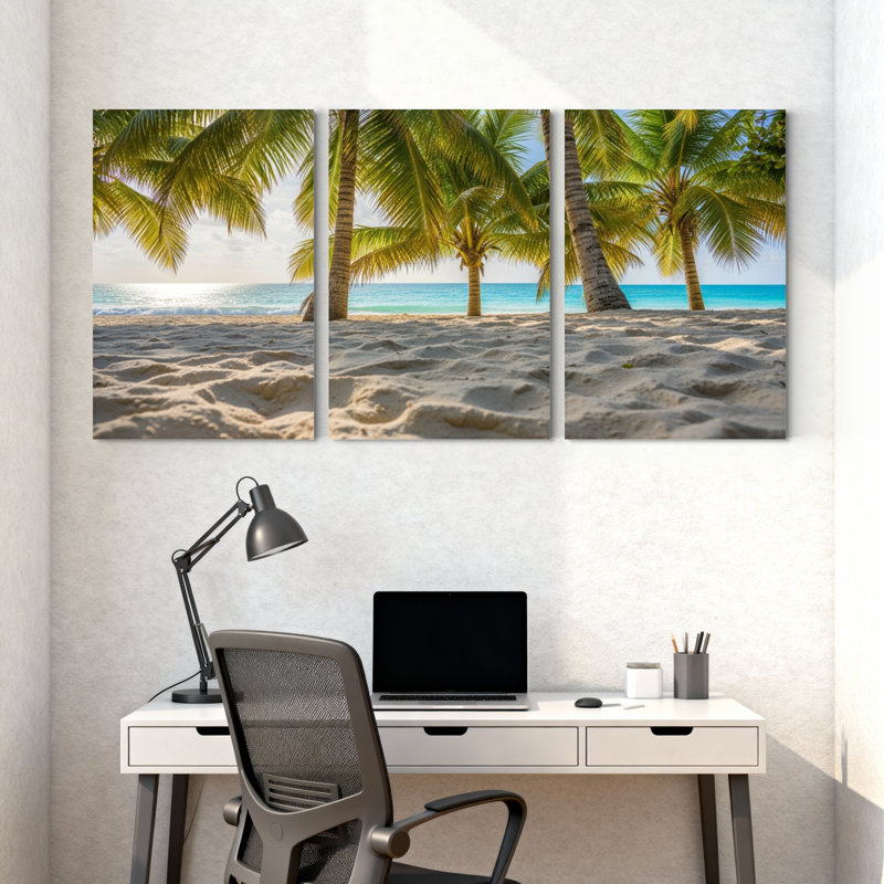 Palmiers, plage tropicale, palmiers, océan, sable, sable, soleil, horizon, ensemble de 3 impressions sur toile