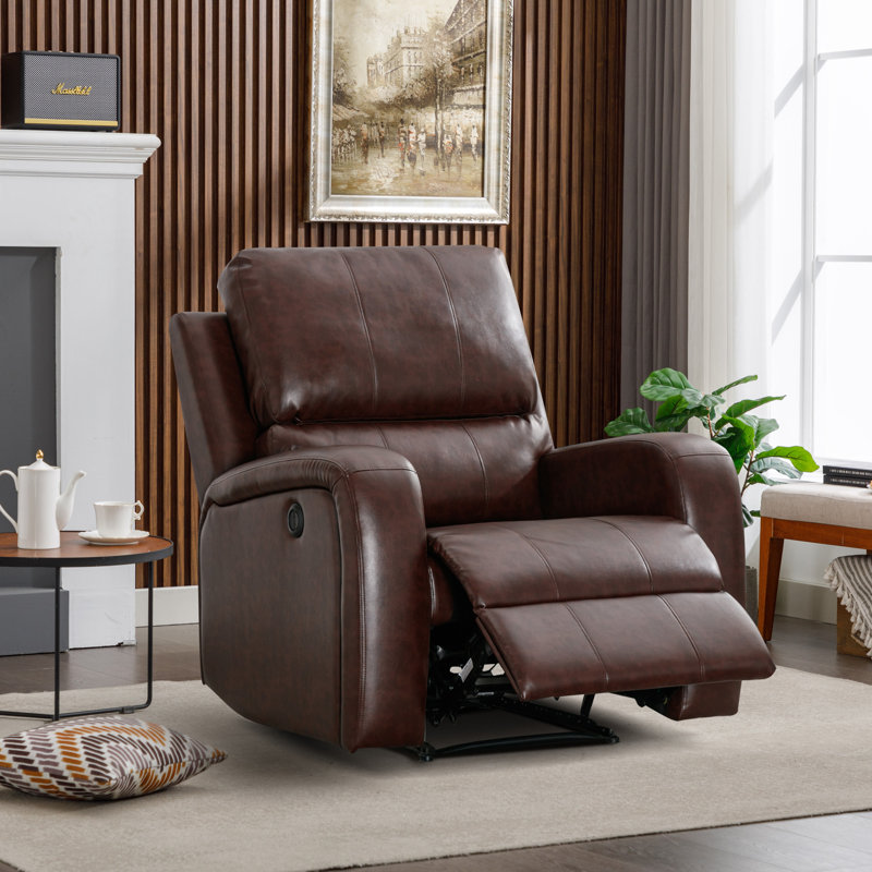 Karelie 36.1" W Faux Leather Power Recliner, Dark Brown Faux Leather