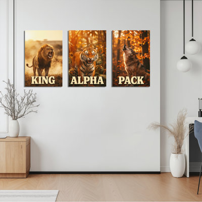 Lion, tigre, loup, roi, Alpha, ensemble de 3 reproductions d'art sur toile tendue sur toile