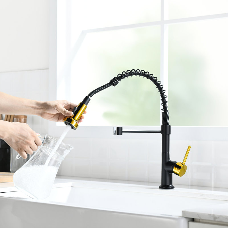 Kitchen Faucet With Black And Gold Finish Pull Down - Provides A Stylish Practical For Your To Corrosion Ensures Longevity