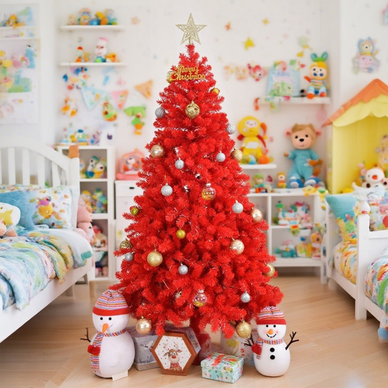 Arbre de Noël rouge de 6 pi, arbre en PVC avec branches articulées pour une installation facile, support en métal stable, décoration audacieuse des Fêtes