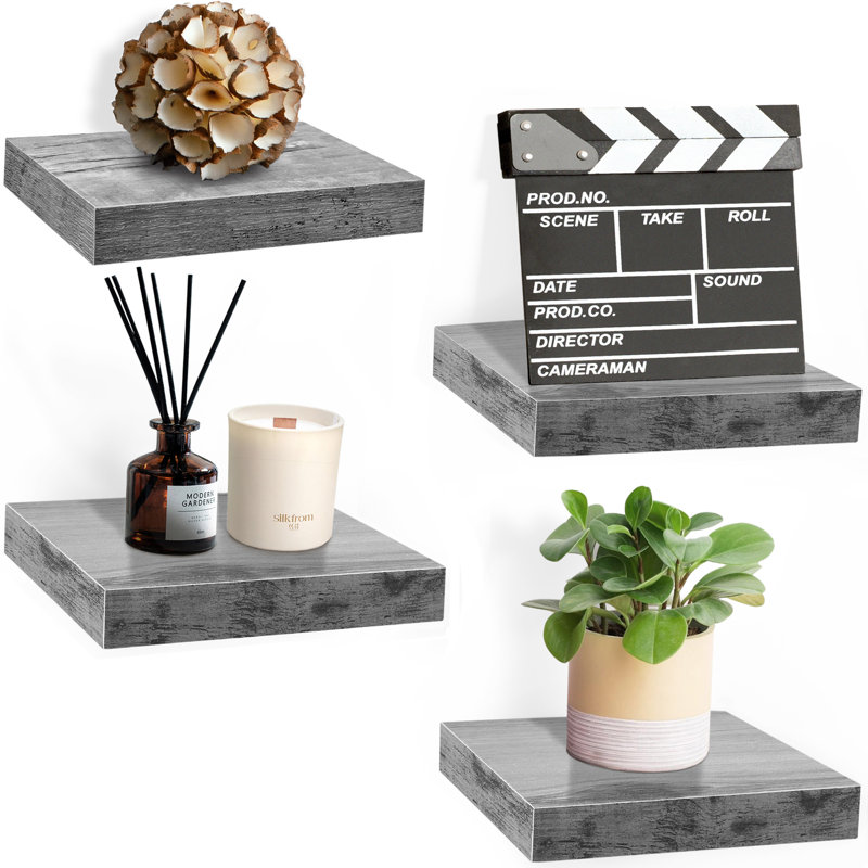 9" Square Tile Floating Shelves with Invisible Mounting Set of 4, Gray