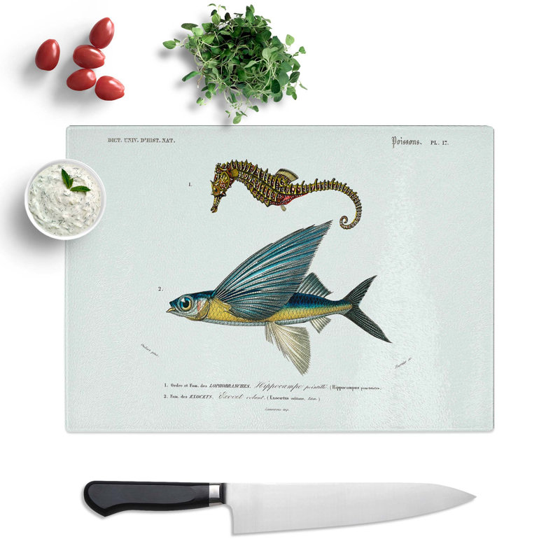 Tempered Glass Seahorse and Flying Fish by Charles D' Orbigny Chopping Board, 39 cm x 28.5 cm