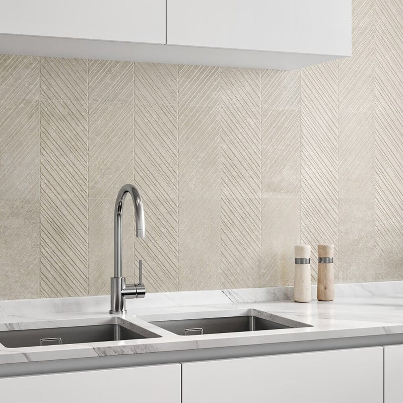 Stoneside 12x36 Chevron Textured Matte Ceramic Tile, Cream Beige