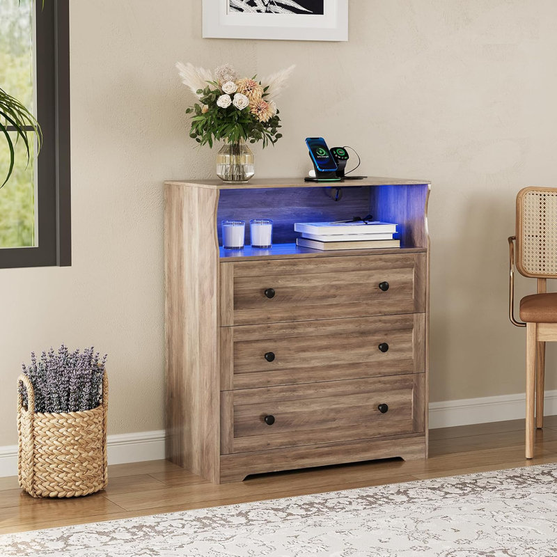 Commode 3 tiroirs avec station de charge et lumières DEL, Gris