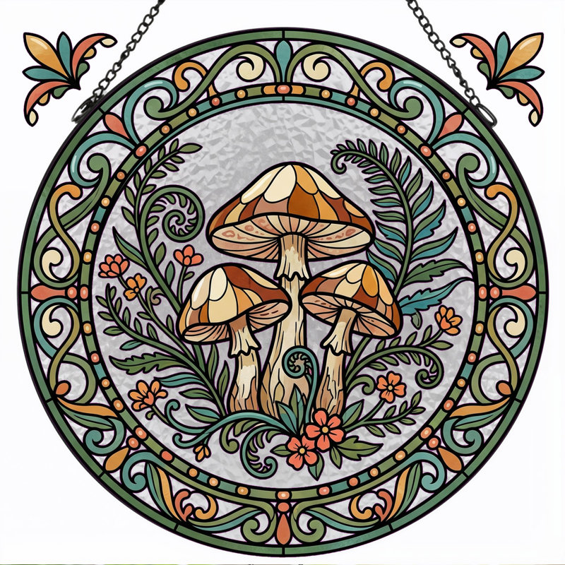 Panneau de vitrail en forme de fougère champignon, 7,8 heures, H 7,8 po