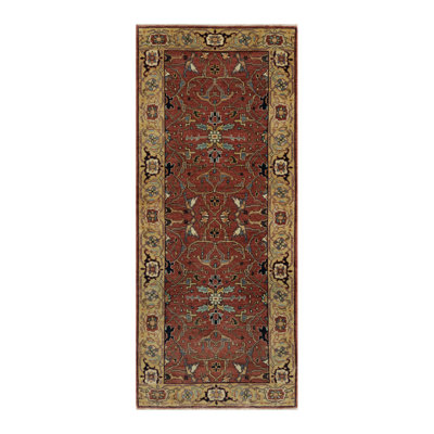 2'7"x6'1" Rubor Red, Plush and Lush All Wool, Hand Knotted, Vegetable Dyes, Antiqued Fine Dileo Re-Creation with All Over Design, Denser Weave, Runner, Oriental Rug