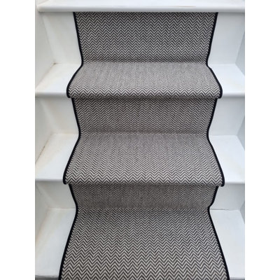 New Black and White Herringbone Faux Sisal Carpet Stair Runner Black whipped edge