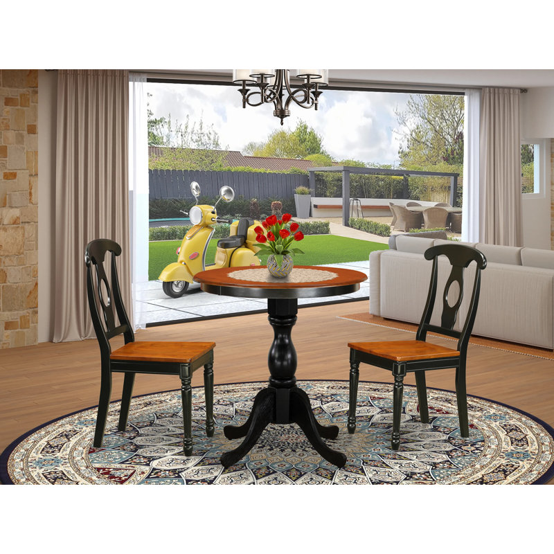 Ensemble de coin repas 3 pièces pour petits espaces comprenant une table ronde avec piédestal et 2 chaises de cuisine, 30 po x 30 po, noir et cerise