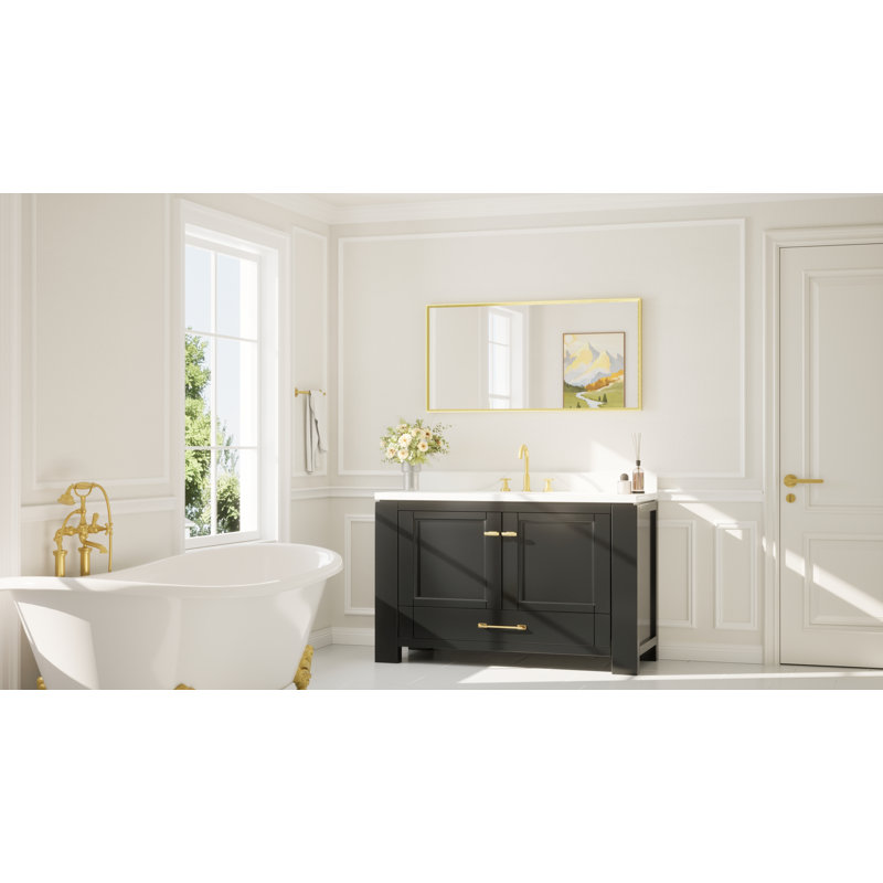 Miroir de salle de bain avec cadre en aluminium et verre trempé, 48 po x 24 po, Or brossé, Rectangulaire