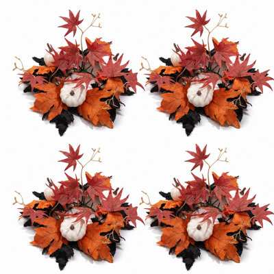 11.02 Inch Artificial Fall Candle Ring Wreath, 4‑Pack Mini Wreath with White Pumpkins, Red‑Orange‑Black Maple Leaves, Small Autumn Wreath for Candle Holder, Table Centerpiece, Harvest Halloween Decor