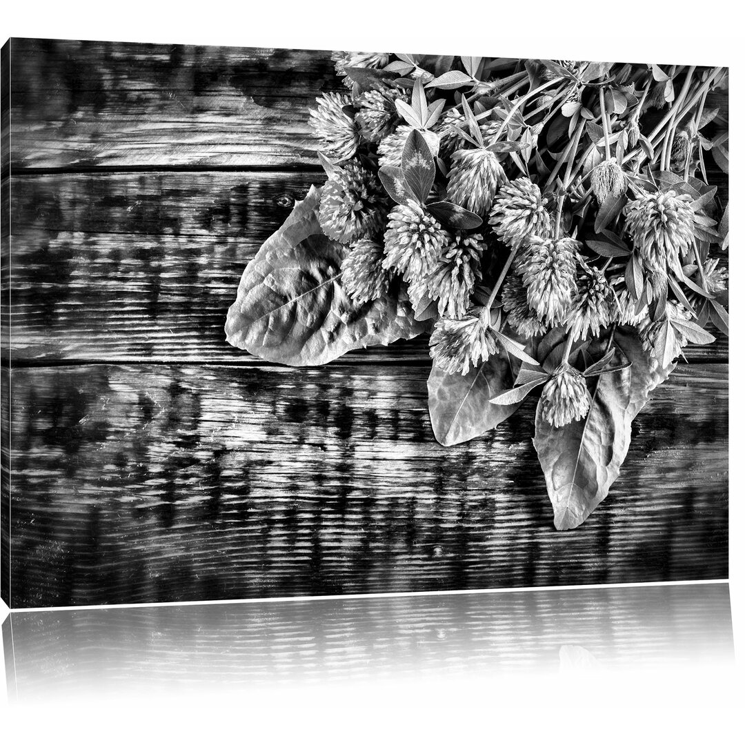 Leinwandbild Kleeblüten auf Holztisch in Monochrom