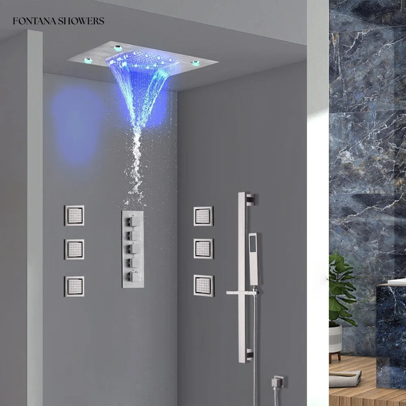 Système de douche encastré au plafond à DEL Isernia avec panneau 20 x 14 et contrôle de température thermostatique Isernia