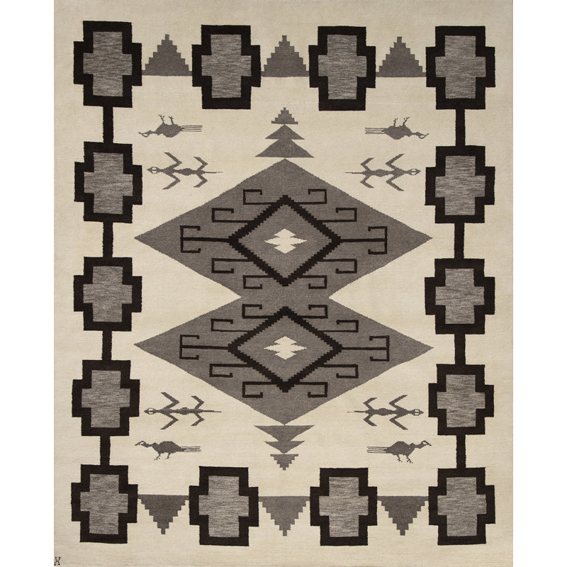 Mesa Hand Knotted Wool Southwestern Area Rug in Ivory/Ebony/Heathered Gray/Charcoal Gray, Rectangle 10' x 14'