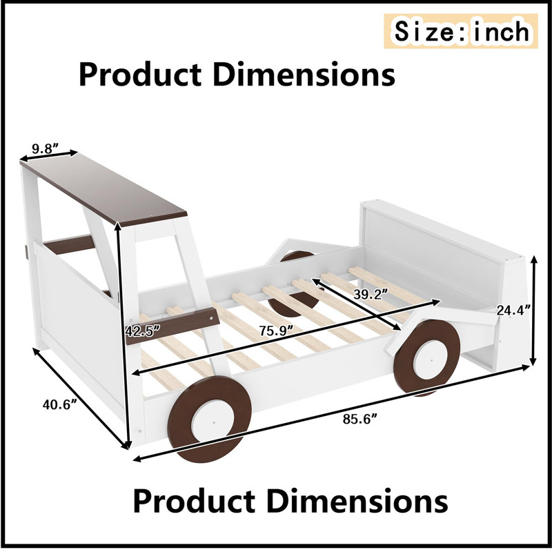 Twin Size Car-Shaped Bed with Storage Shelves - Fun Racing-Themed Kids Platform Bed in Brown & White, Brown,Light White