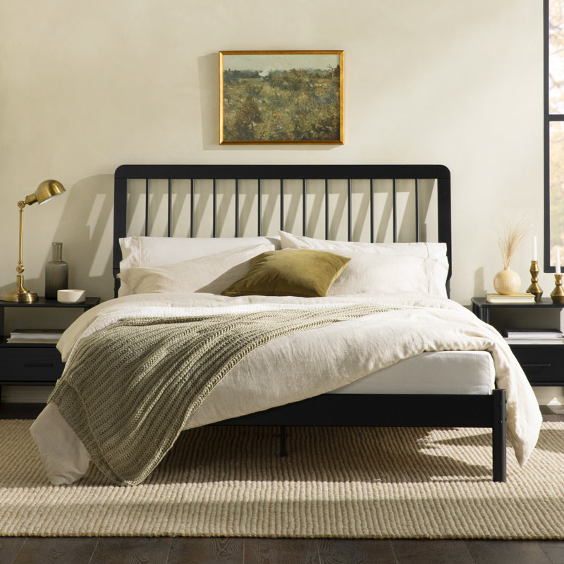 Catrece Solid Wood Platform Bed with Spindle Headboard, Queen, Black