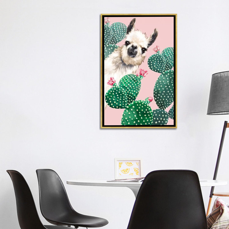 Art du lama et du cactus, H 60 po x l 40po x P 1,5 po, Toile encadrée d'or