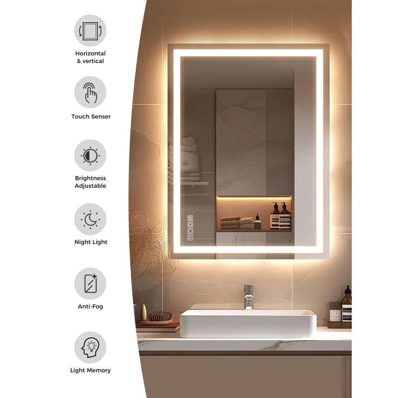LED Bathroom Mirror, Dimmable Vanity Mirror Wall Mounted With Lights