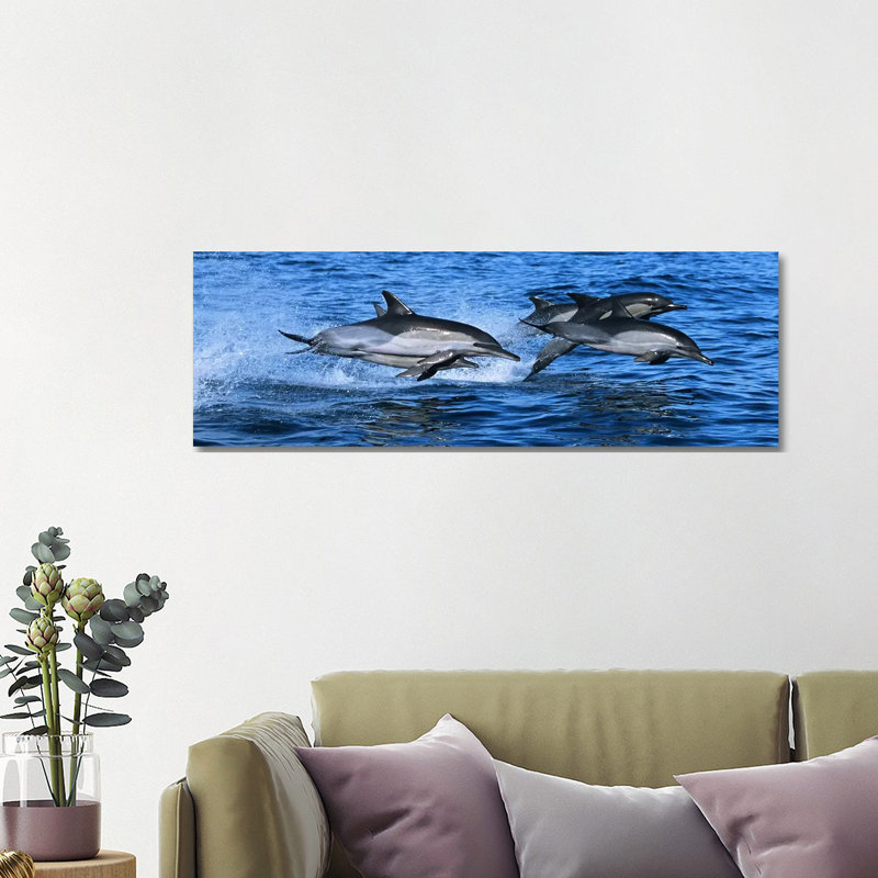 Common Dolphins Breaching In The Sea #2 - Wrapped Canvas Panoramic Print, 121.92 cm H x 40.64 cm W x 3.175 cm D