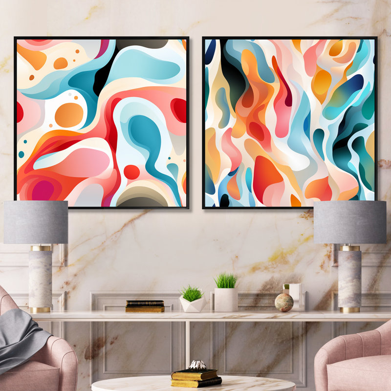 Vague de neutralité abstraite multicolore - ensemble de 2 collages carrés abstraits, Cadre flottant noir, H 36 po x l 73 po