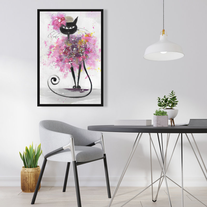 Dessin de chat avec fleurs roses, reproduction sur toile