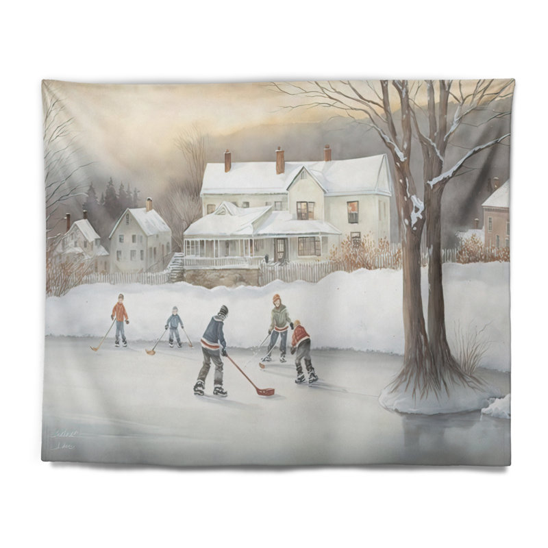 Polyester enfants jouant au hockey en hiver III tapisserie, H 32 po x l 39 po