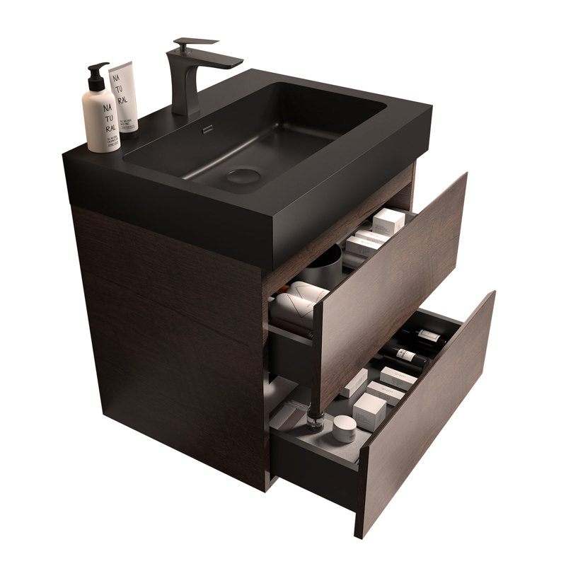 Meuble-lavabo mural 24 po avec lavabo, grand meuble-lavabo flottant mural pour salle de bain, Noyer / noir