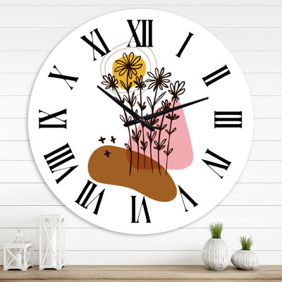 Horloge murale moderne formes élémentaires avec fleurs abstraites I