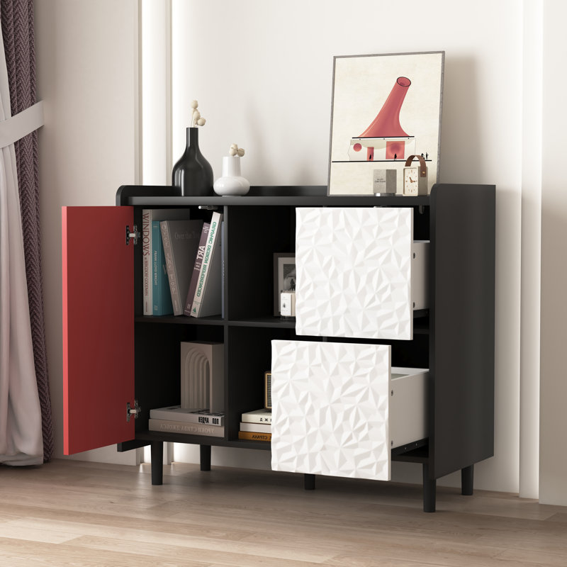 Buffet Buffet, armoire de rangement avec portes rouges, 2 tiroirs au style de panneau unique, Blanc / Bleu