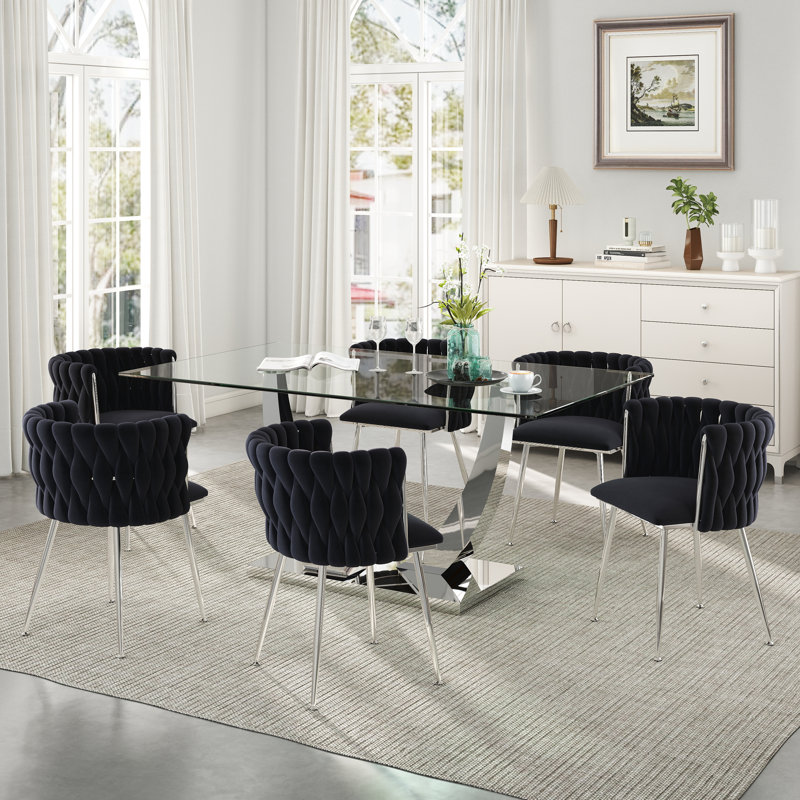 Ensemble de salle à manger rectangulaire à piédestal avec chaise tissée, H 29,5 po x L 63 po x l 35,4 po - Argent, Noir