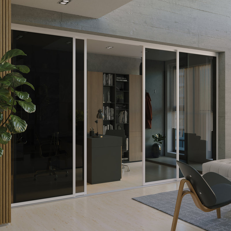 Cloison 4 panneaux coulissants en verre fumé - Structure en aluminium avec technologie Silent Glide, 160 po x 80 po, Blanc