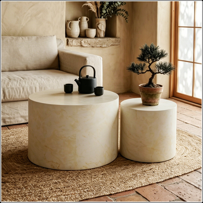 Ensemble de 2 tables basses gigognes beiges en faux marbre, tables d'appoint rondes rondes modernes en bois pour petits espaces de salon