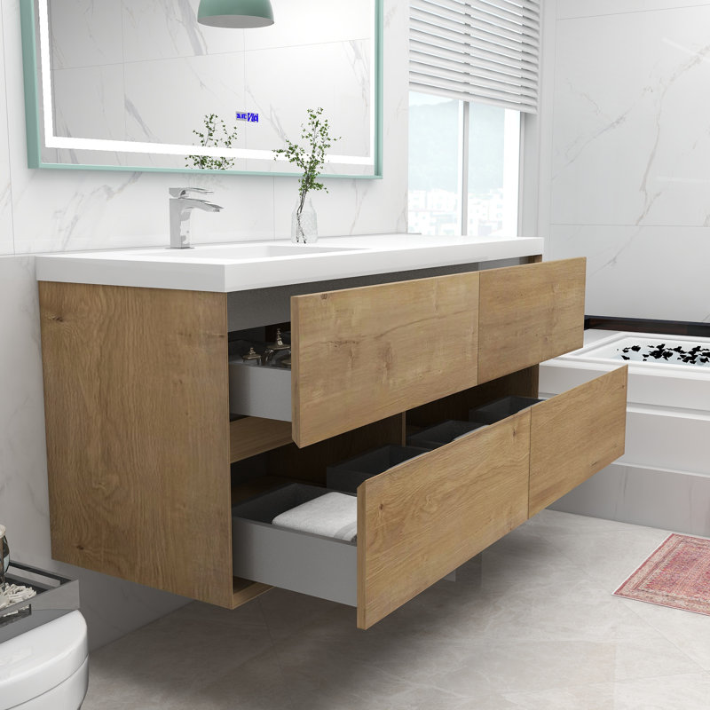 Ensemble de meuble-lavabo mural simple 60 po Antheny, Chêne foncé