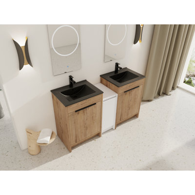 Ensemble de meuble-lavabo double moderne: lavabo en céramique noire, unités de rangement doubles et système de porte à fermeture en douceur