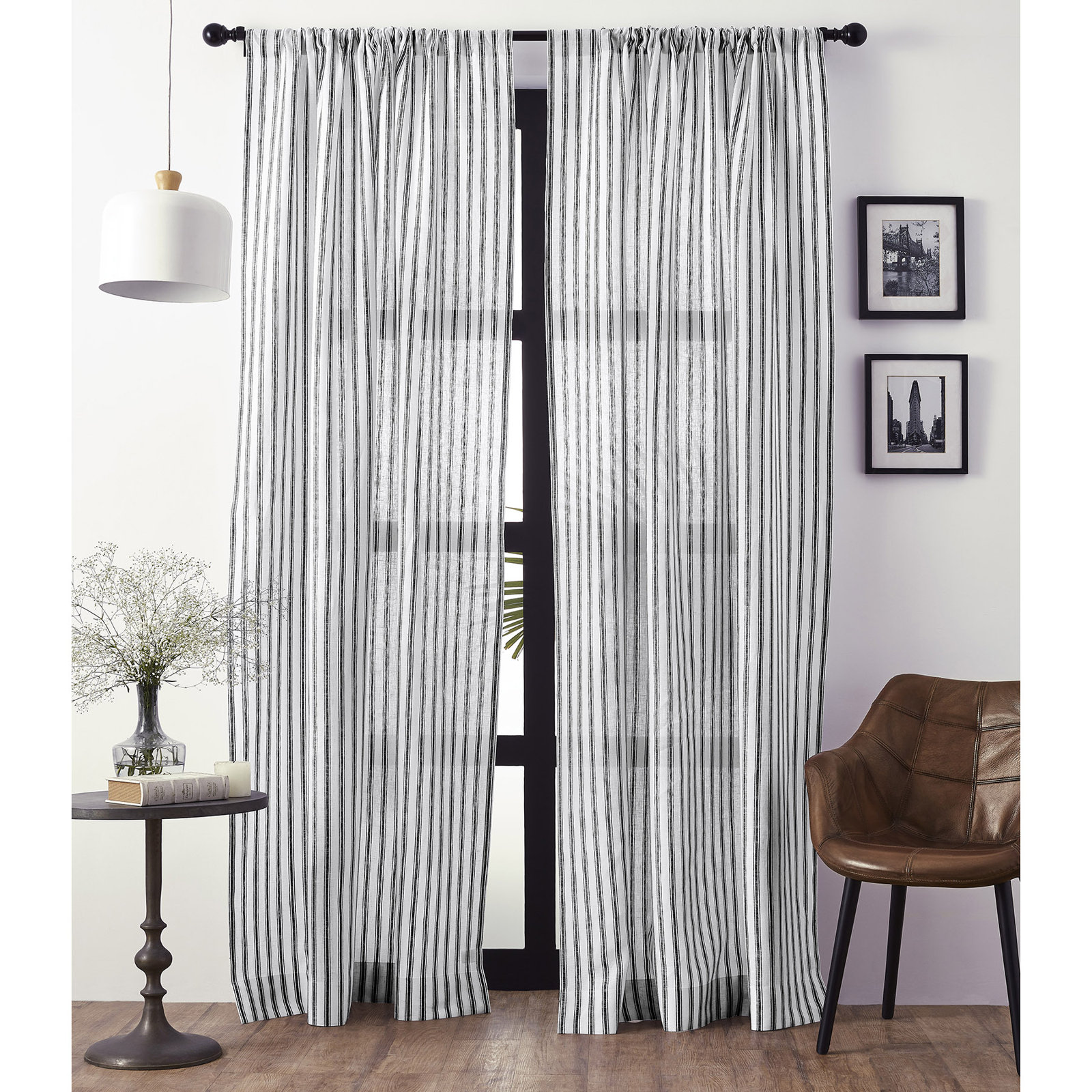 Capri Ticking Stripe Linen Sheer Curtain, 52" W x 120" L, Black and White