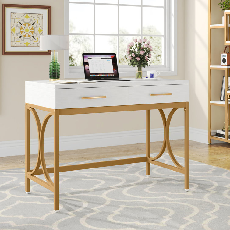 Modern Computer Desk with 2 Drawers, 47“ Simple Study Writing DeskWhite +  Golden Legs