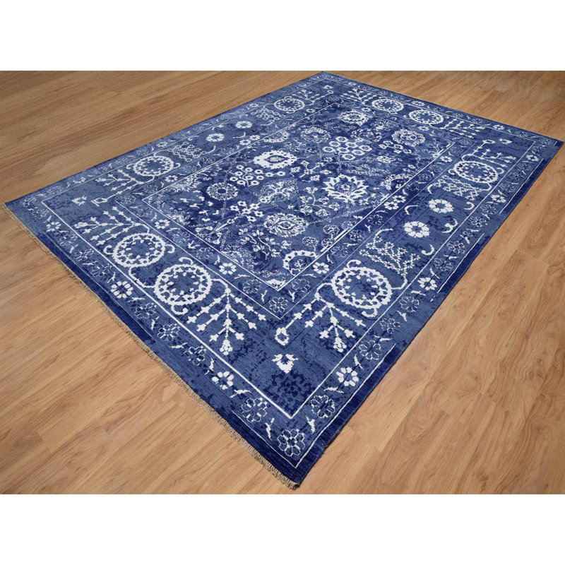 Tapis oriental 9 pi x 12 pi 3 po bleu, Tabriz avec motifs de feuilles, noué à la main, ton sur ton, laine et soie, tapis oriental
