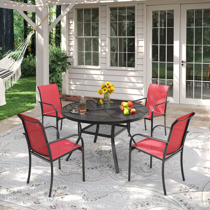 4-Person Outdoor Patio Dining Set With Stackable Chairs, Black/Red