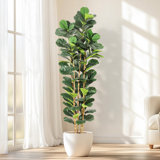 Faux Fiddle Leaf Fig Tree With White Tall Planter, Faux Trees With Artificial Plants 56 Fiddle Leaves Greenery