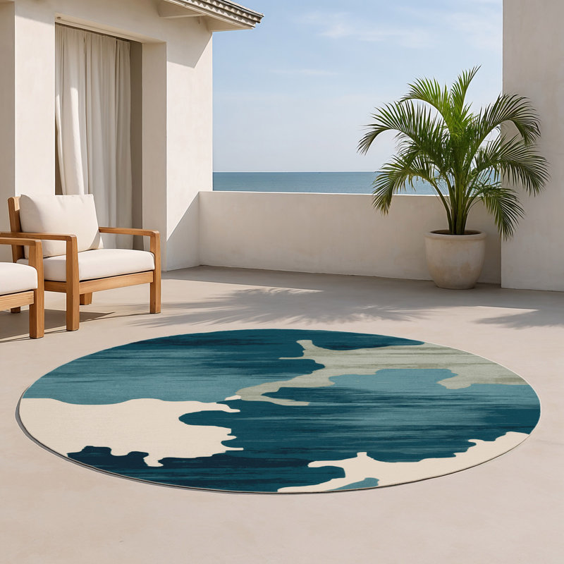 Tapis intérieur et extérieur bleu Watercolor, Rond 5 pi