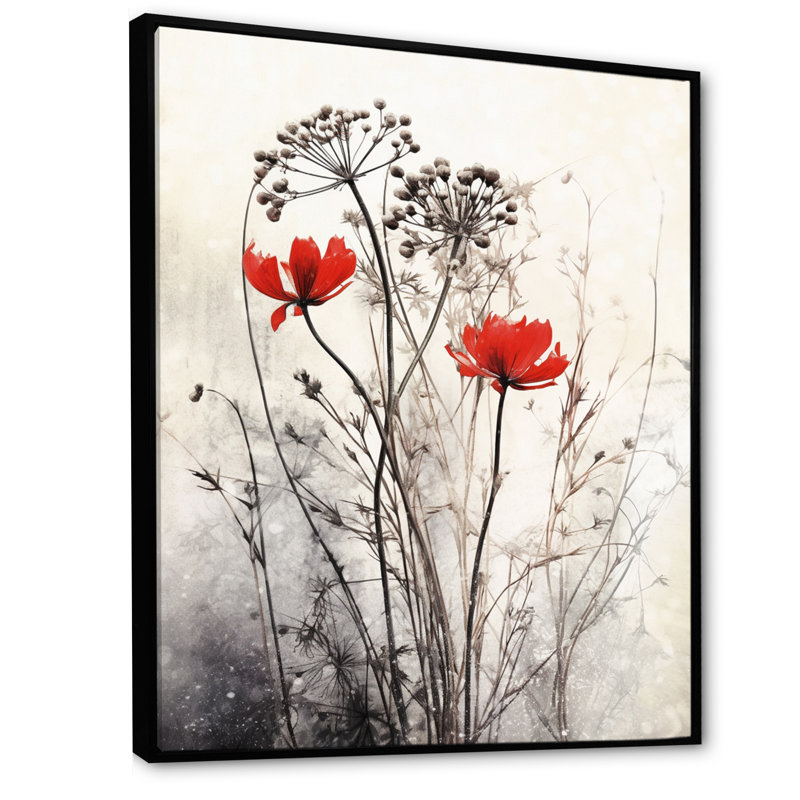 Décoration murale florale rouge et grise I, Noir, H 32 po x l 16 po, Reproduction avec cadre flottant