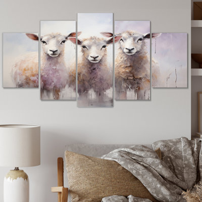 «White Pink White White Sheep Ethereal Ewes II», art mural sur toile animaux - 5 panneaux