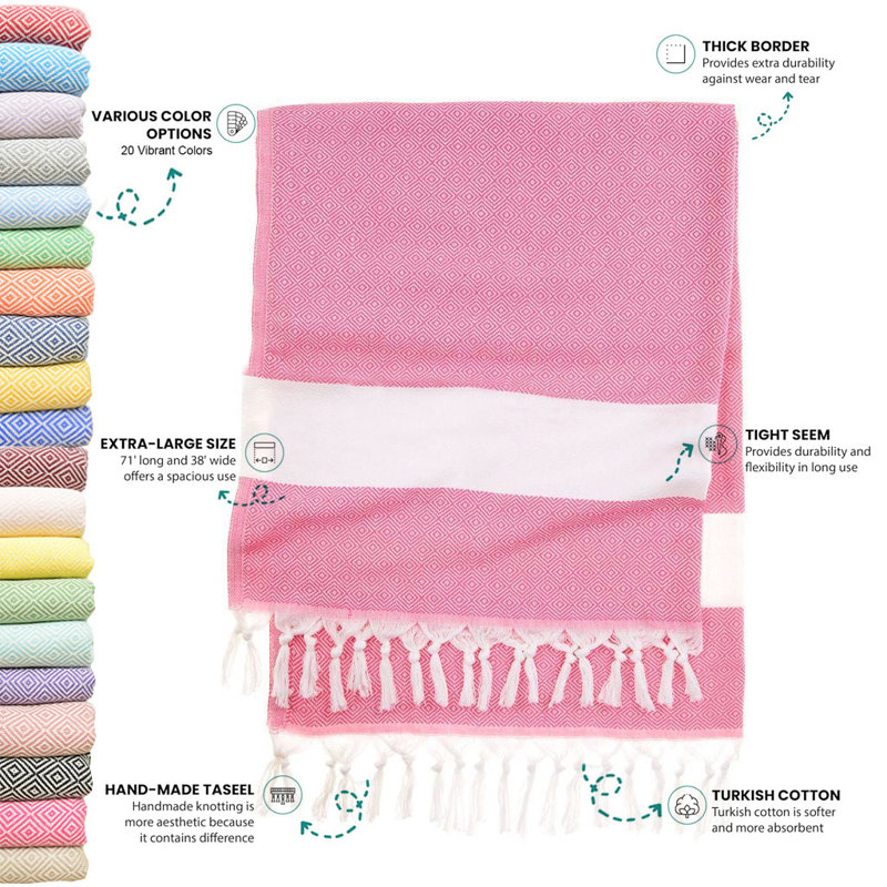 Personalized Hot Pink Diamond Pattern Turkish Cotton Beach Towel with Custom Embroidery or Print, Hot Pink
