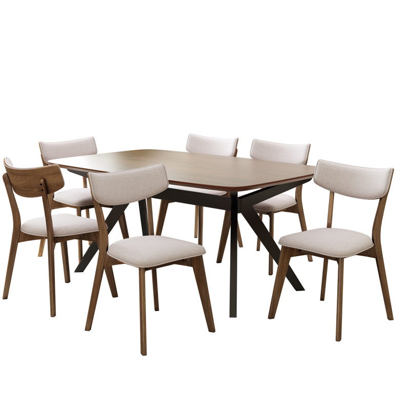 Evonne Upholstered Dining Set With Rubberwood Frame, 7, Light Beige