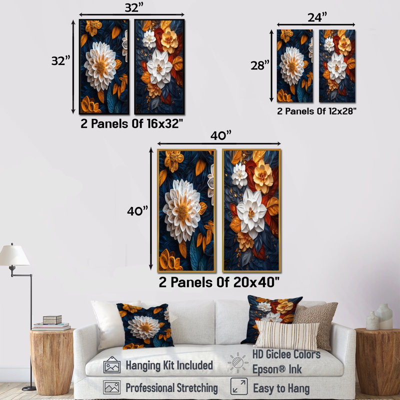 Ensemble de 2 pièces d'art mural blanc botanique blanc tourbillon botanique III, H 40 po x l 40 po, Toile tendue