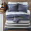 Twin Bedroom With Blue Grey Striped Sheets And Comforter & Round Pillow