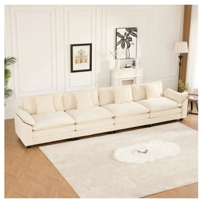  Canapé modulaire large à 4 places avec accoudoirs plus large beige, grand canapé moderne avec coussin rembourré double couche, tissu chenille respirant