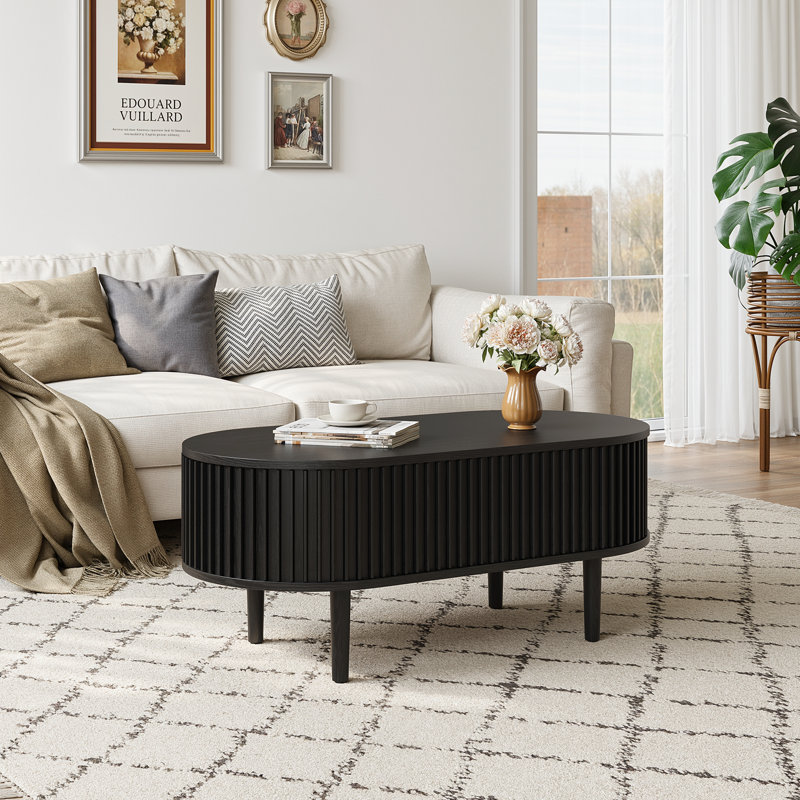 43.4'' Oval Coffee Table With Hidden Storage, Fluted Accent Center Table With Tambour Sliding Doors, Black