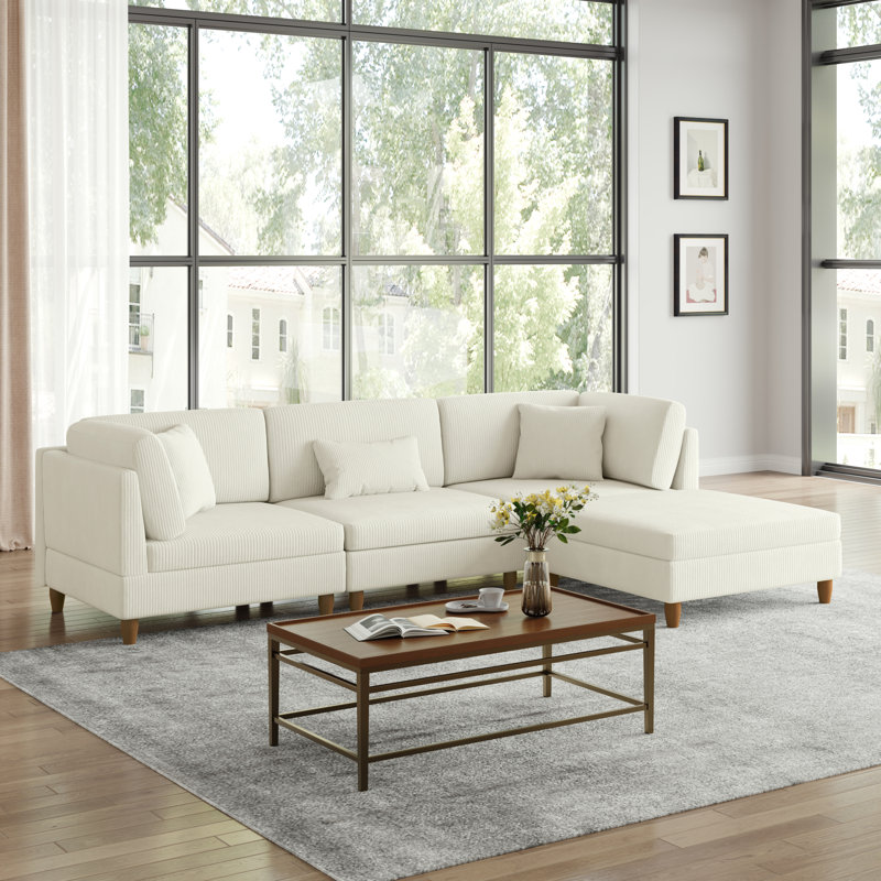 Seemab 4-Piece L-Shaped Upholstered Modular Corner Sectional with Removable Ottoman , Beige Corduroy