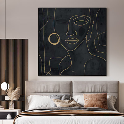 Très grand portrait abstrait, art au trait noir et doré, décoration contemporaine pour le salon ou la chambre à coucher, très grand art mural encadré (assemblage requis)